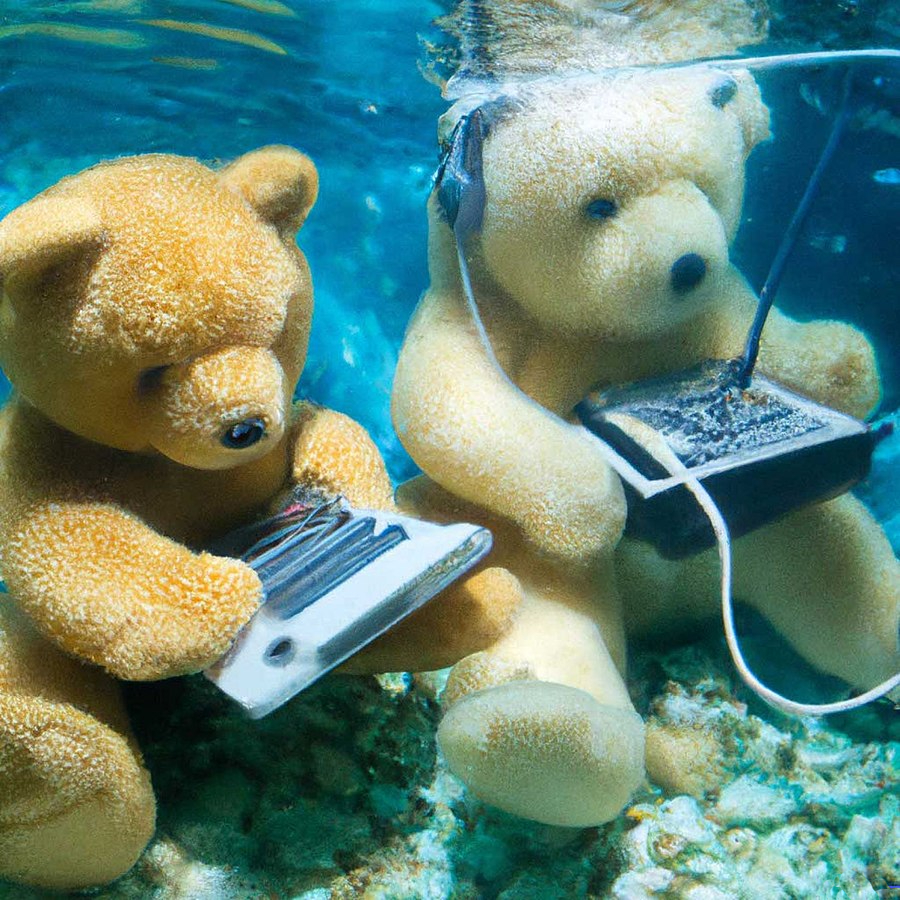 DALL-E 2 generated image: teddy bears working on AI research underwater with 1990s technology