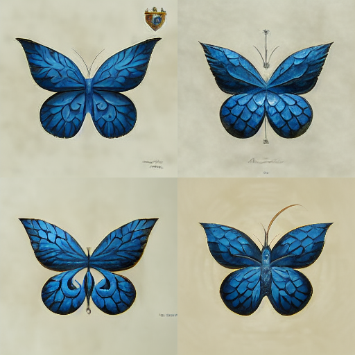A heraldic butterfly with four blue open wings, generated by Midjourney — the kind of photorealistic AI art that blurred the line between generated and real in 2023